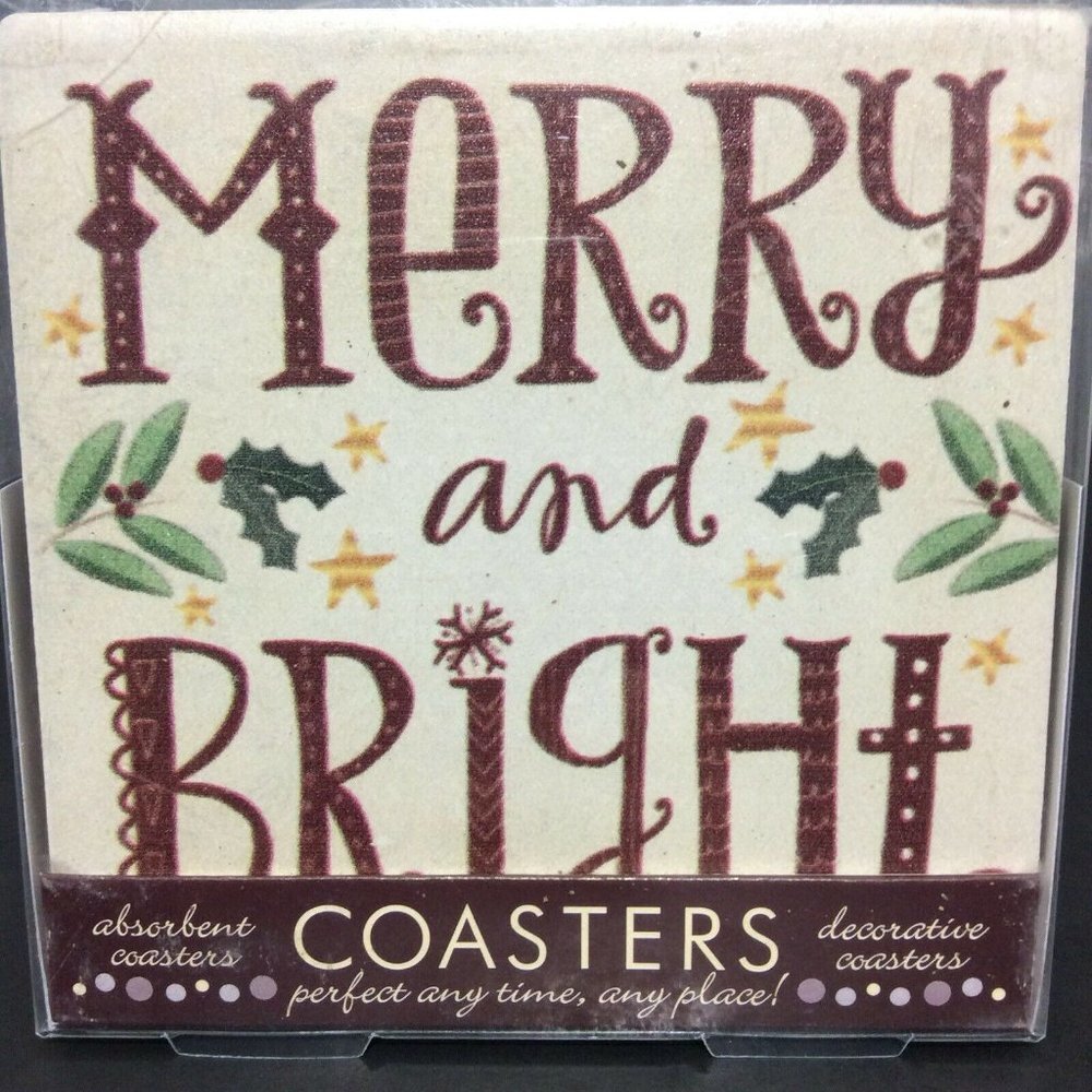 CHRISTMAS Decorative Stone Coasters Cork Back Set Of 4 Merry And Bright